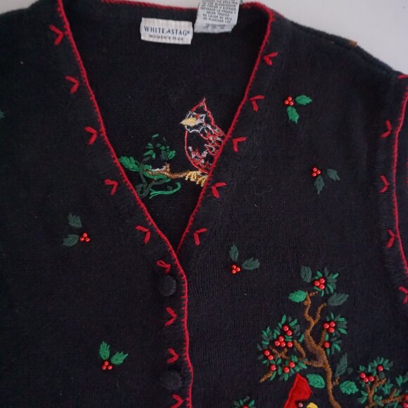 Vintage White Stag Black Cardinal Embroidered Sweater Vest Cabincore Cottage 16W - Picture 6 of 8